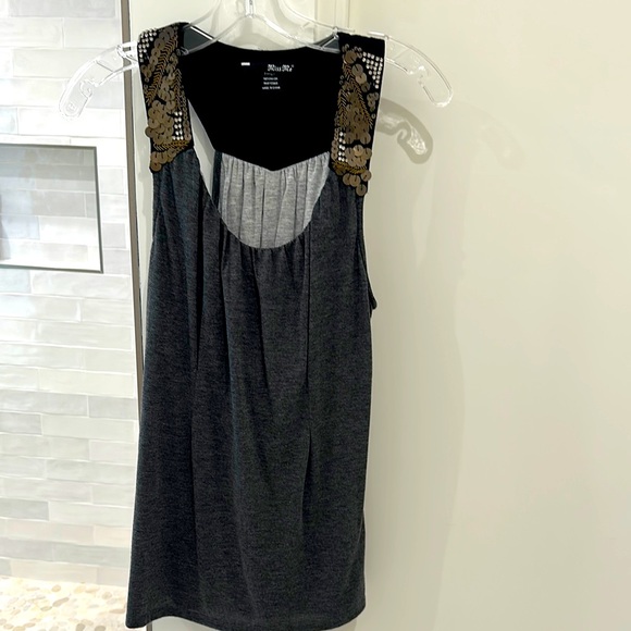 Miss Me Tops - MISS ME Gray and Black Sleeveless Top with Rhinestone and Gold Sequin Detail